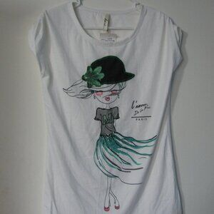 Dare Top Large NWT White Green Fancy Lady Tee